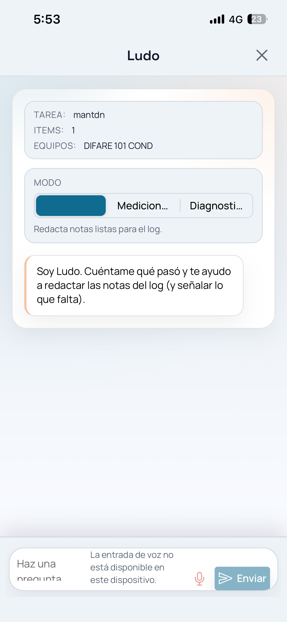 Ludo assistant modal for technical notes in AiboTask
